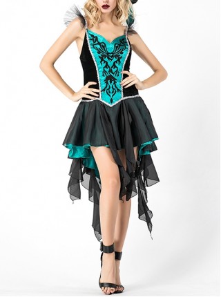 Black Pointed Hat Green Tassel Irregular Mesh Hem Sling Dress Set Halloween Demon Witch Vampire Costume Female