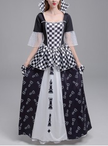 Black Stand Square Collar Elbow Sleeve Chess Print Long Dress Set Halloween Clown Queen Stage Performance Costume Female