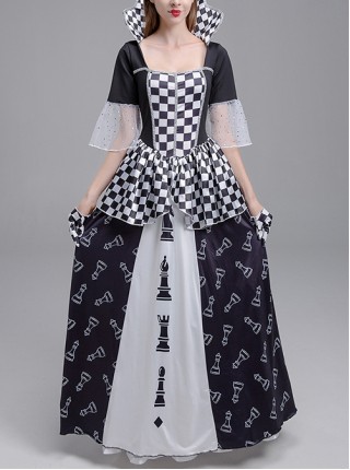 Black Stand Square Collar Elbow Sleeve Chess Print Long Dress Set Halloween Clown Queen Stage Performance Costume Female