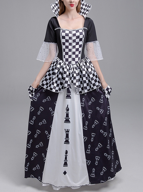Black Stand Square Collar Elbow Sleeve Chess Print Long Dress Set Halloween Clown Queen Stage Performance Costume Female