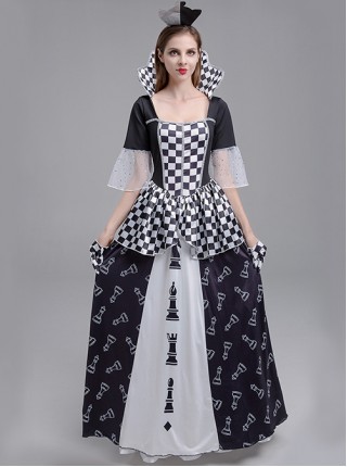 Black Stand Square Collar Elbow Sleeve Chess Print Long Dress Set Halloween Clown Queen Stage Performance Costume Female
