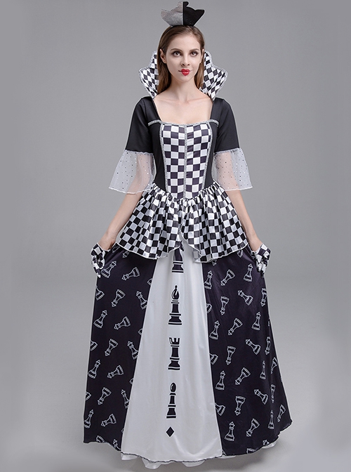 Black Stand Square Collar Elbow Sleeve Chess Print Long Dress Set Halloween Clown Queen Stage Performance Costume Female