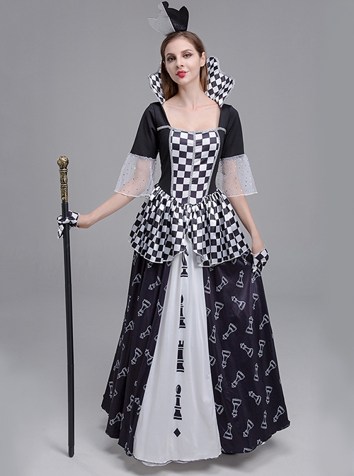 Black Stand Square Collar Elbow Sleeve Chess Print Long Dress Set Halloween Clown Queen Stage Performance Costume Female