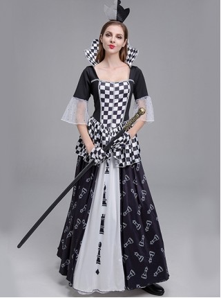 Black Stand Square Collar Elbow Sleeve Chess Print Long Dress Set Halloween Clown Queen Stage Performance Costume Female