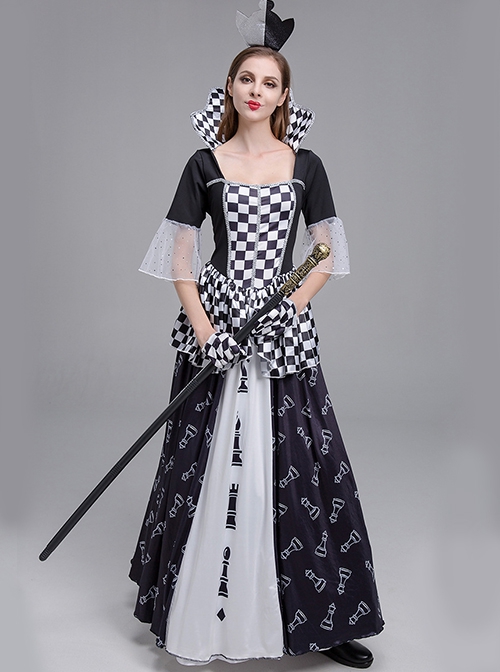 Black Stand Square Collar Elbow Sleeve Chess Print Long Dress Set Halloween Clown Queen Stage Performance Costume Female