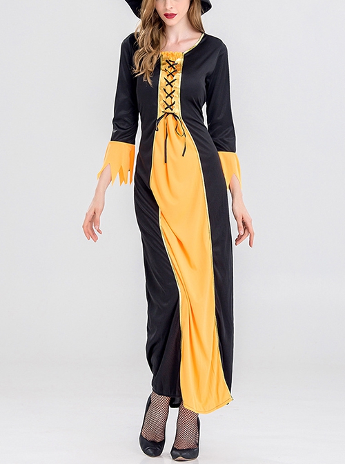 Black Yellow Long Sleeve Slim Dress Set Halloween Demon Vampire Witch Queen Costume Female