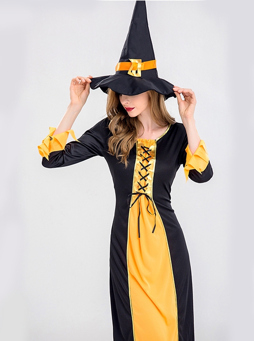 Black Yellow Long Sleeve Slim Dress Set Halloween Demon Vampire Witch Queen Costume Female