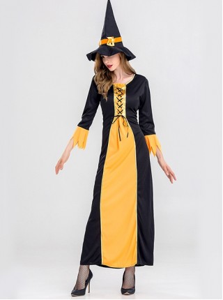 Black Yellow Long Sleeve Slim Dress Set Halloween Demon Vampire Witch Queen Costume Female