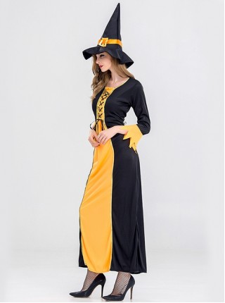 Black Yellow Long Sleeve Slim Dress Set Halloween Demon Vampire Witch Queen Costume Female