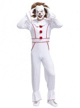 White Long Sleeve Slim Bodysuit Set Halloween Demon Vampire Clown Ghost Doll Costume Male
