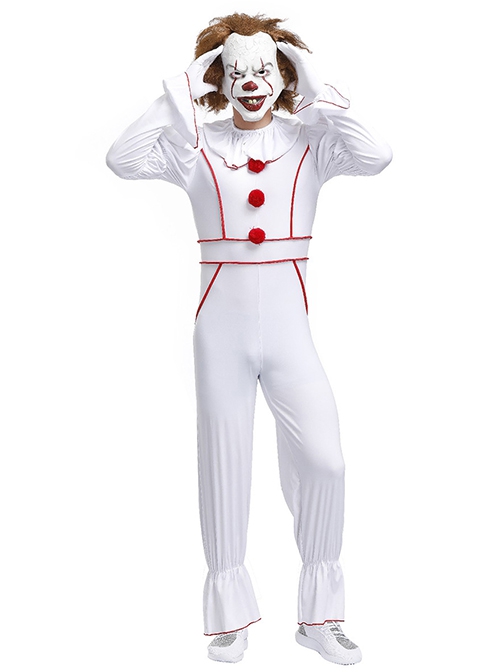 White Long Sleeve Slim Bodysuit Set Halloween Demon Vampire Clown Ghost Doll Costume Male