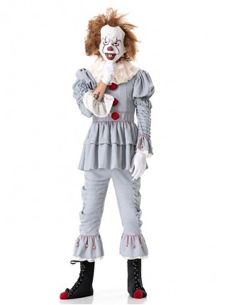 Grey Long Sleeve Top Pants With Foot Covers Set Halloween Circus Demon Funny Clown Costume Couple Male