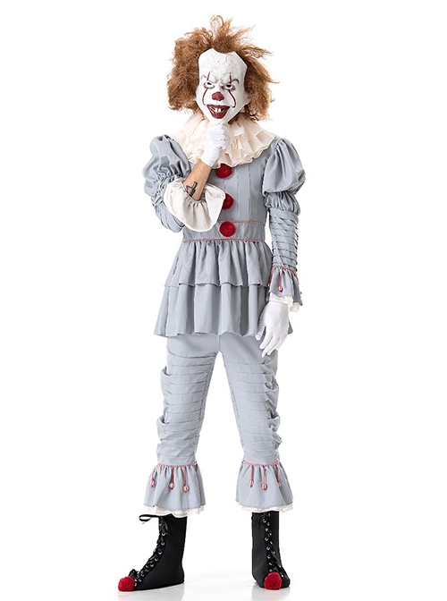 Grey Long Sleeve Top Pants With Foot Covers Set Halloween Circus Demon Funny Clown Costume Couple Male