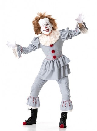 Grey Long Sleeve Top Pants With Foot Covers Set Halloween Circus Demon Funny Clown Costume Couple Male