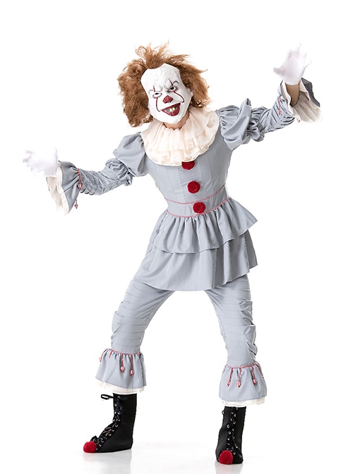 Grey Long Sleeve Top Pants With Foot Covers Set Halloween Circus Demon Funny Clown Costume Couple Male