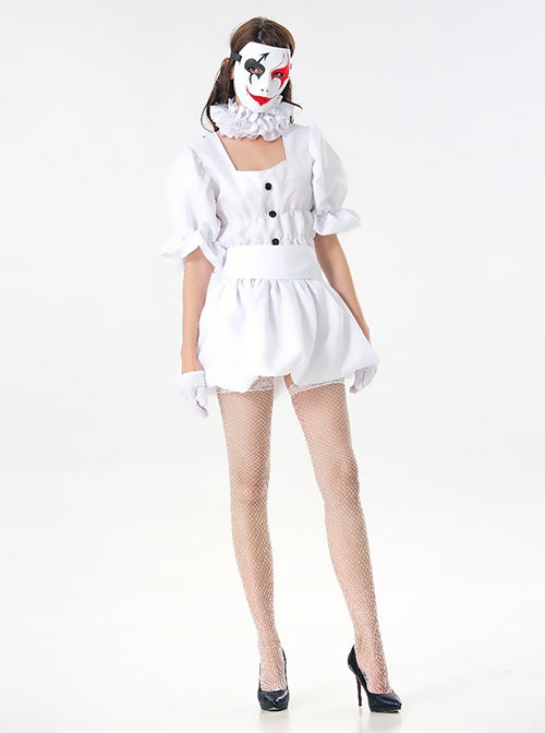 Pure White Square Collar Short Sleeve Dress Halloween Angel Circus Clown Costume Couple Female