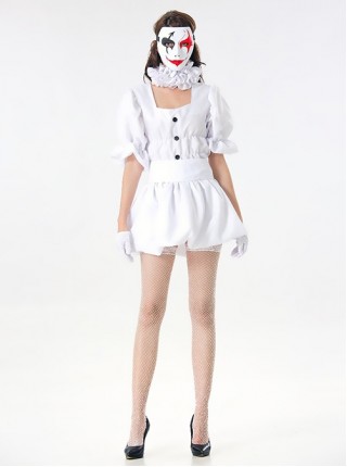 Pure White Square Collar Short Sleeve Dress Halloween Angel Circus Clown Costume Couple Female