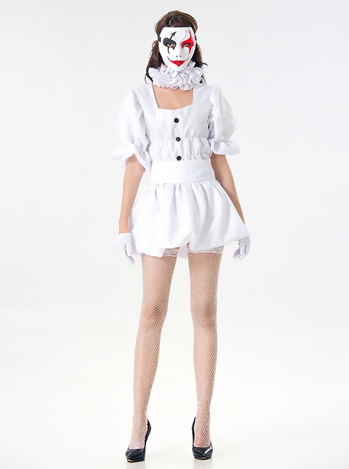 Pure White Square Collar Short Sleeve Dress Halloween Angel Circus Clown Costume Couple Female