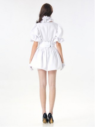 Pure White Square Collar Short Sleeve Dress Halloween Angel Circus Clown Costume Couple Female