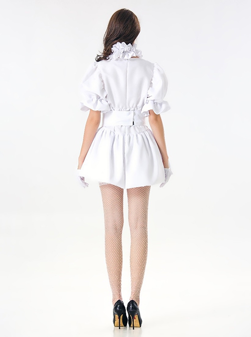 Pure White Square Collar Short Sleeve Dress Halloween Angel Circus Clown Costume Couple Female