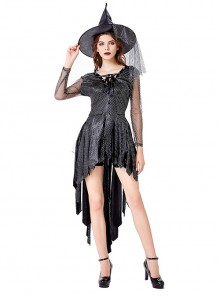 Elegant Modern Black Irregular Mesh Twinkling Sequin Hem Short Sleeve Dress Set Halloween Vampire Witch Earl Costume Female