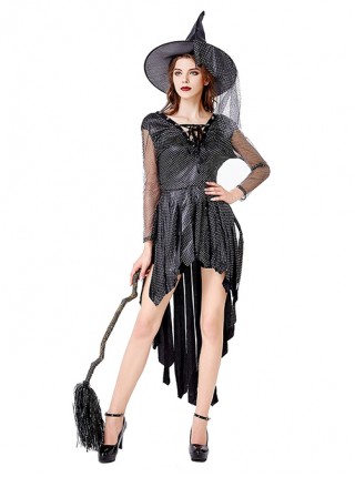 Elegant Modern Black Irregular Mesh Twinkling Sequin Hem Short Sleeve Dress Set Halloween Vampire Witch Earl Costume Female
