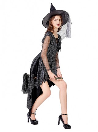 Elegant Modern Black Irregular Mesh Twinkling Sequin Hem Short Sleeve Dress Set Halloween Vampire Witch Earl Costume Female