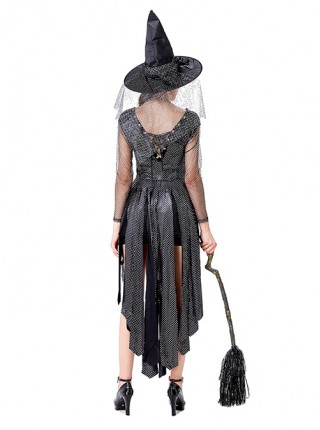 Elegant Modern Black Irregular Mesh Twinkling Sequin Hem Short Sleeve Dress Set Halloween Vampire Witch Earl Costume Female