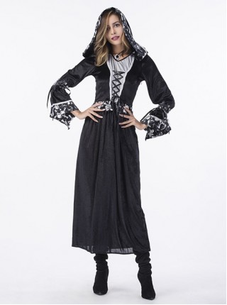 Black Skeleton Print Long Sleeve Hooded Dress Halloween Vampire Witch Magician Costume Couple Female