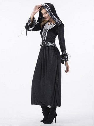 Black Skeleton Print Long Sleeve Hooded Dress Halloween Vampire Witch Magician Costume Couple Female