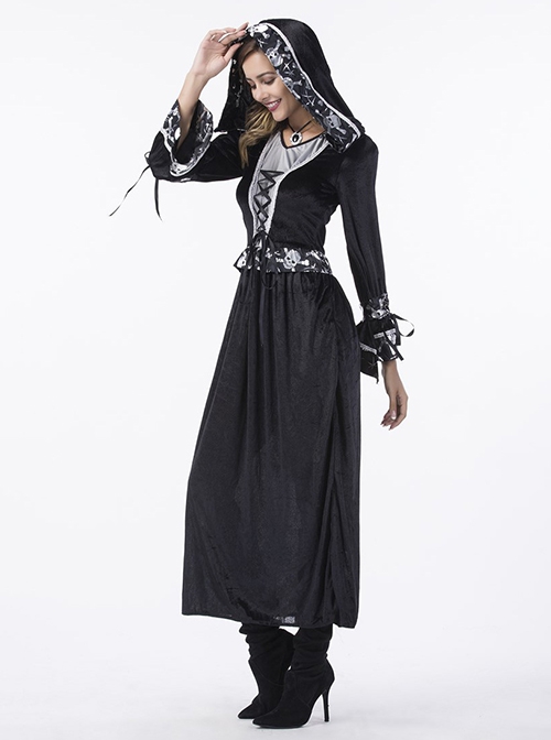 Black Skeleton Print Long Sleeve Hooded Dress Halloween Vampire Witch Magician Costume Couple Female