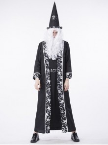 Black Skeleton Print Pointed Hat Long Sleeve Cape Coat Set Halloween Vampire Wizard Magician Costume Couple Male