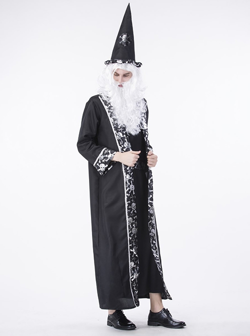 Black Skeleton Print Pointed Hat Long Sleeve Cape Coat Set Halloween Vampire Wizard Magician Costume Couple Male