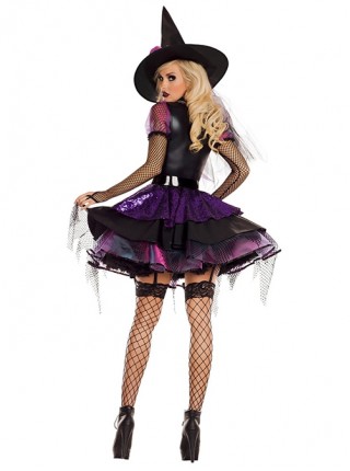 Purple Mesh Long Sleeve Sexy Low Cut Puffy Cake Short Dress Set Halloween Magician Witch Earl Costume Female