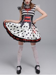 Black Stripe Polka Dots With Horror Bloodstain Short Sleeve Dress Set Halloween Circus Zombie Clown Vampire Costume Female