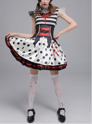 Black Stripe Polka Dots With Horror Bloodstain Short Sleeve Dress Set Halloween Circus Zombie Clown Vampire Costume Female