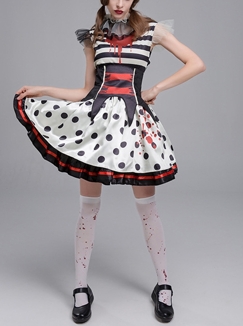 Black Stripe Polka Dots With Horror Bloodstain Short Sleeve Dress Set Halloween Circus Zombie Clown Vampire Costume Female