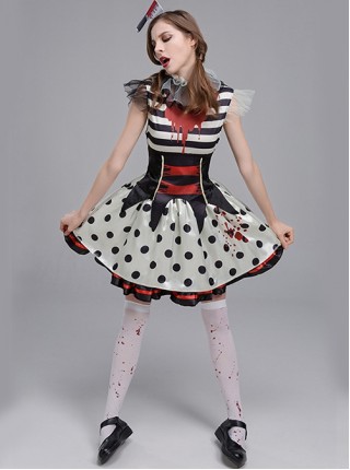 Black Stripe Polka Dots With Horror Bloodstain Short Sleeve Dress Set Halloween Circus Zombie Clown Vampire Costume Female