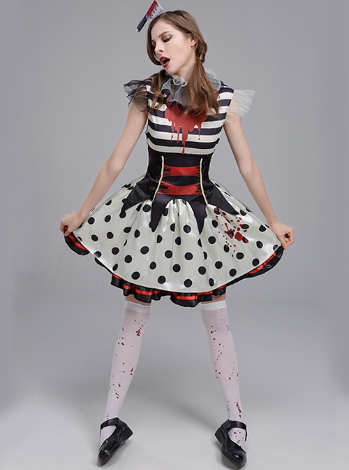 Black Stripe Polka Dots With Horror Bloodstain Short Sleeve Dress Set Halloween Circus Zombie Clown Vampire Costume Female