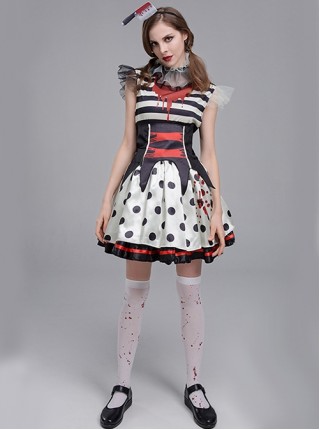 Black Stripe Polka Dots With Horror Bloodstain Short Sleeve Dress Set Halloween Circus Zombie Clown Vampire Costume Female