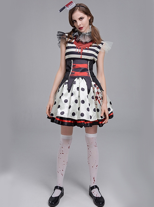 Black Stripe Polka Dots With Horror Bloodstain Short Sleeve Dress Set Halloween Circus Zombie Clown Vampire Costume Female