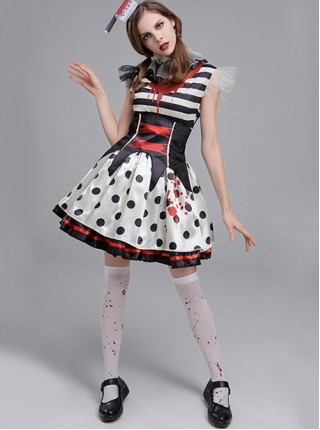 Black Stripe Polka Dots With Horror Bloodstain Short Sleeve Dress Set Halloween Circus Zombie Clown Vampire Costume Female