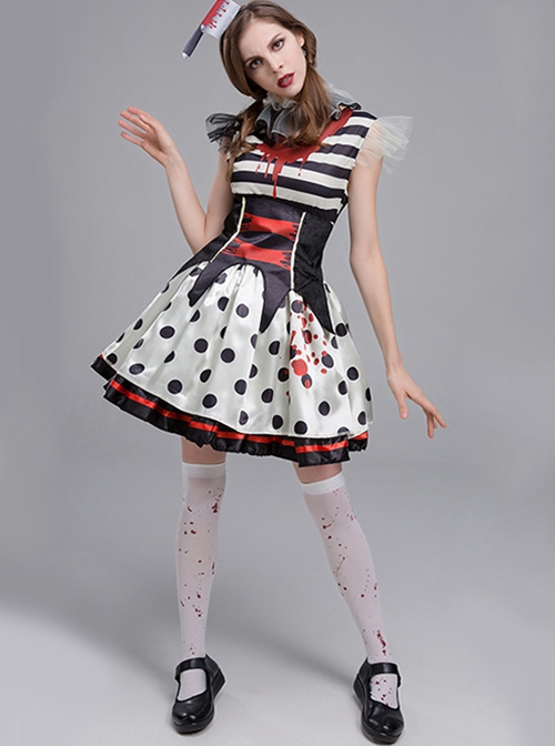 Black Stripe Polka Dots With Horror Bloodstain Short Sleeve Dress Set Halloween Circus Zombie Clown Vampire Costume Female