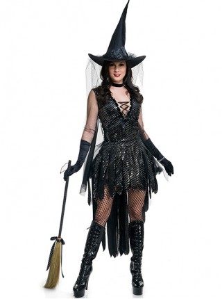 Black Pointed Hat Veil Sexy Deep V Collar Sleeveless Swallowtail Hem Short Dress Set Halloween Witch Magician Earl Costume Female