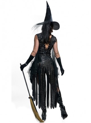 Black Pointed Hat Veil Sexy Deep V Collar Sleeveless Swallowtail Hem Short Dress Set Halloween Witch Magician Earl Costume Female