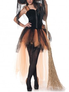 Black Pointed Hat Veil Orange Mesh Swallowtail Hem Sleeveless Short Dress Set Halloween Witch Magician Earl Costume Female