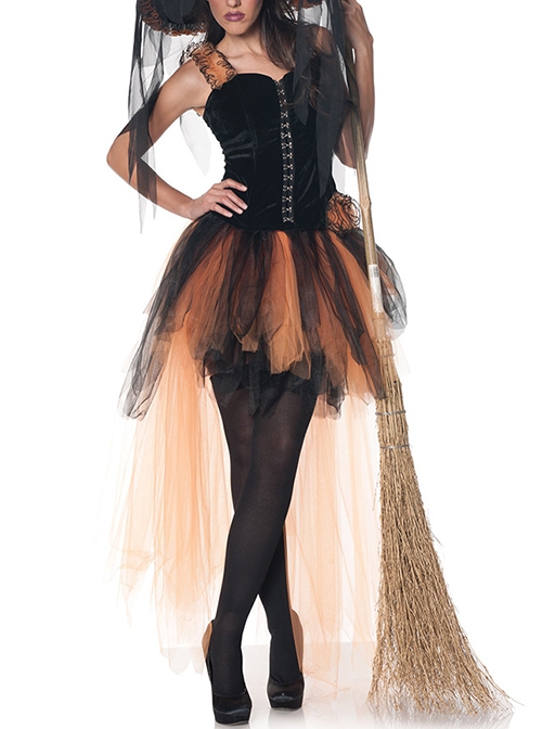 Black Pointed Hat Veil Orange Mesh Swallowtail Hem Sleeveless Short Dress Set Halloween Witch Magician Earl Costume Female