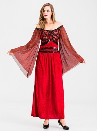 Retro Red Loose Boat Collar Long Sleeve Dress Halloween Witch Demon Vampire Costume Female