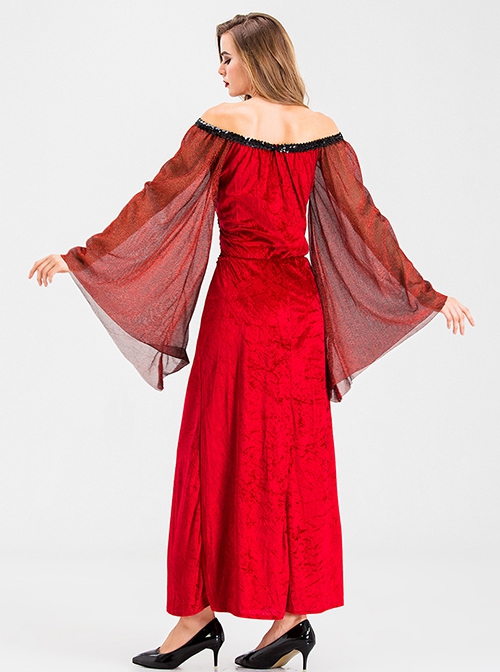 Retro Red Loose Boat Collar Long Sleeve Dress Halloween Witch Demon Vampire Costume Female