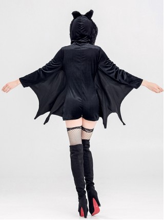 Gothic Short Black Zip Neckline Bat Shape Hooded Bodysuit Halloween Demon Earl Vampire Costume Female